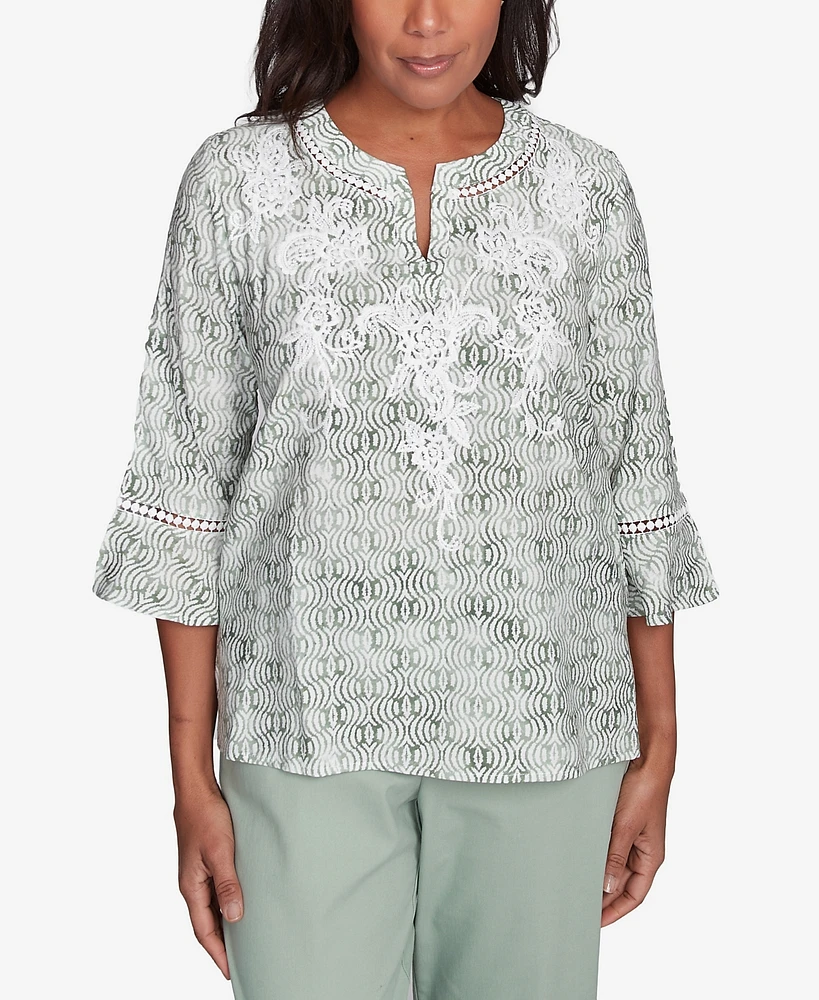 Alfred Dunner Women's Santa Fe Embroidered Geometric Flare Sleeve Top