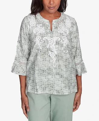 Alfred Dunner Women's Santa Fe Embroidered Geometric Flare Sleeve Top