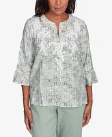 Alfred Dunner Women's Santa Fe Embroidered Geometric Flare Sleeve Top