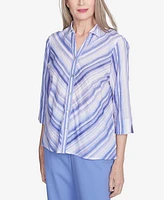Alfred Dunner Women's Santa Fe Mitered Iris Stripe Button Down Top