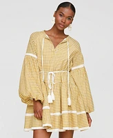Avec Les Filles Women's Cotton Lemon-Print Split-Neck Prairie Mini Dress