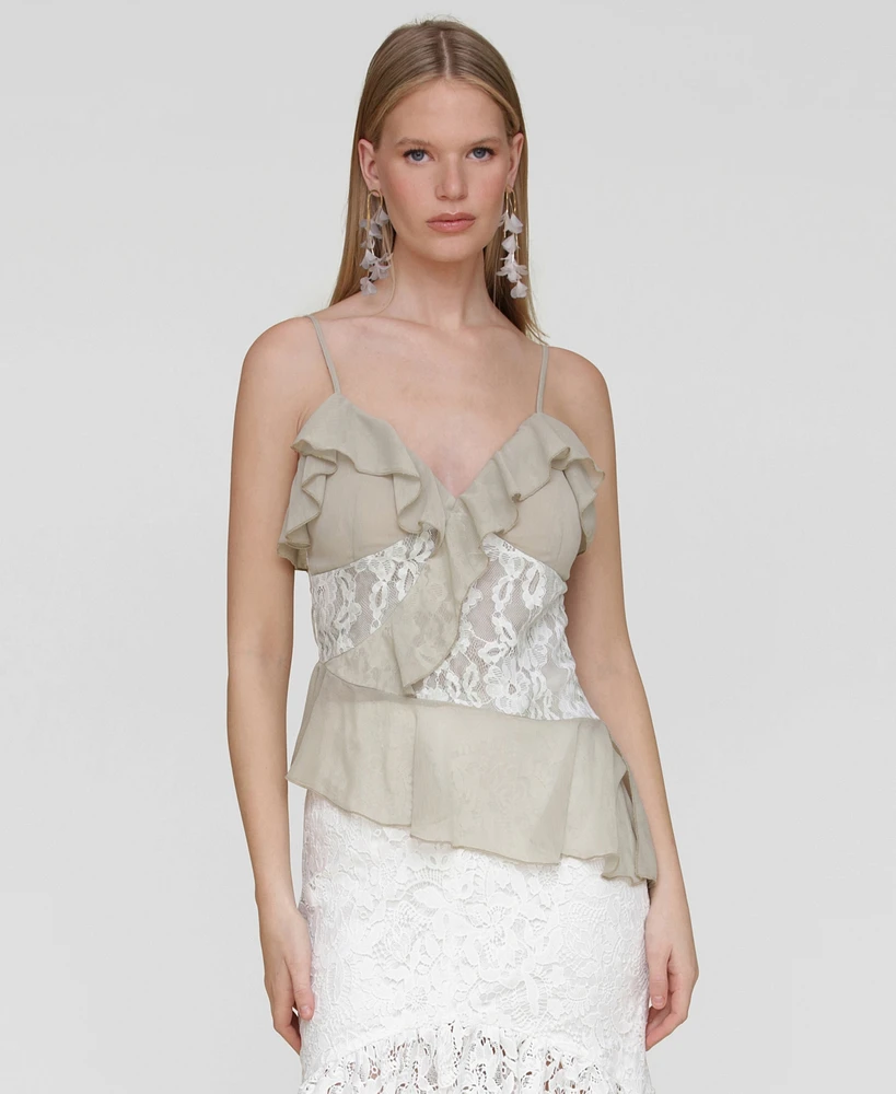 Avec Les Filles Women's Ruffle Lace-Panel Asymmetric Top
