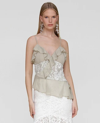 Avec Les Filles Women's Ruffle Lace-Panel Asymmetric Top