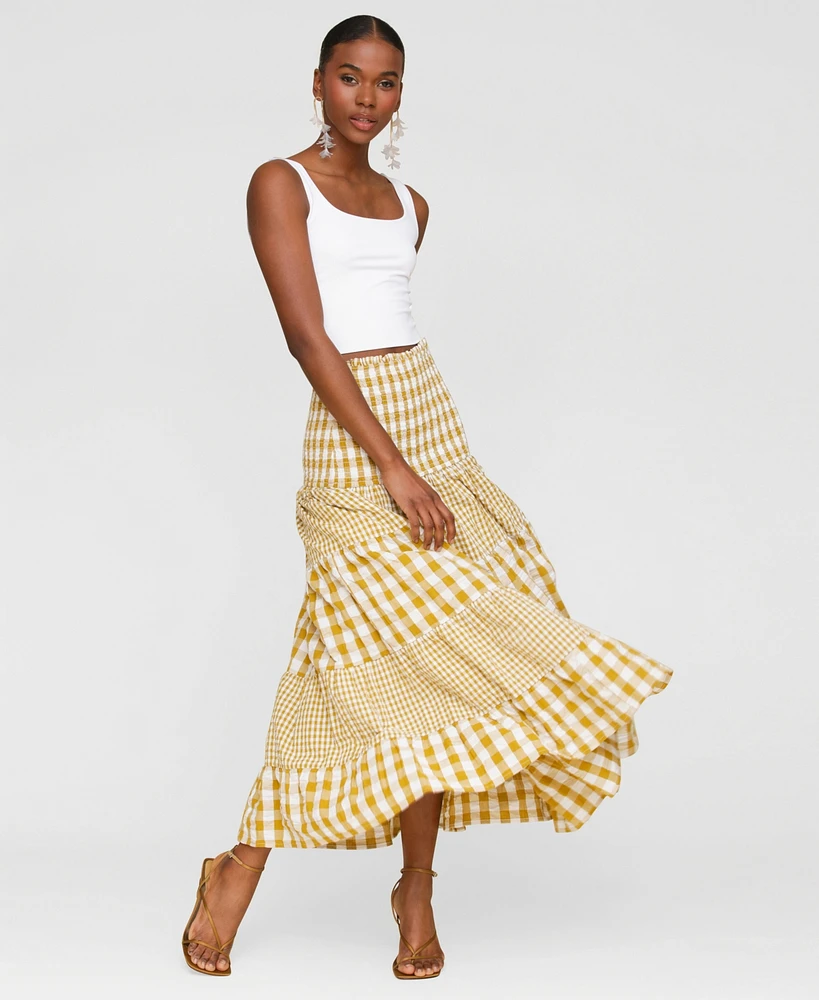 Avec Les Filles Women's Cotton Check Tiered Smocked-Waist Maxi Skirt