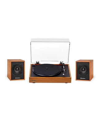 Electrohome Montrose, Upgradable Vinyl Record Player with Huntley, Powered Bluetooth Bookshelf Speakers, 3" Driver, for Warm Natural Sound, Teak