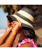 Nona Striped Bucket Palm Straw Hat Black and Natural