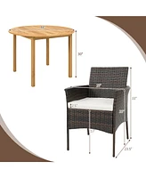 Gymax 5 Pcs Patio Dining Set Round Acacia Wood Table 4 Cushioned Wicker Armchairs