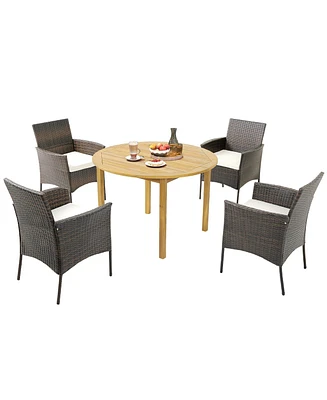 Gymax 5 Pcs Patio Dining Set Round Acacia Wood Table 4 Cushioned Wicker Armchairs