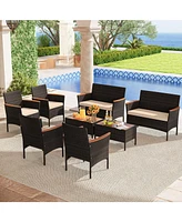 Gymax 8 Piece Outdoor Patio Rattan Furniture Set Rattan Conversation Set w/ Chairs & Loveseat