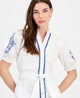 T Tahari Women's Cotton Embroidered Fit & Flare Dress