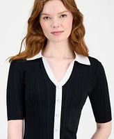 T Tahari Women's Split-Neck Contrast-Trim Sweater