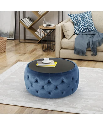 Round Velvet Tufted Ottoman with Tempered Glass Top, Modern Glam Design, Upholstered Footrest, Elegant Coffee Table Alternative for Living Room-The Po