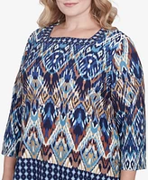 Alfred Dunner Plus Summer Solstice Ikat Diamond Border Square Neck Top