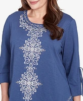 Alfred Dunner Plus Summer Solstice Embroidery Centered Tie Sleeve Top