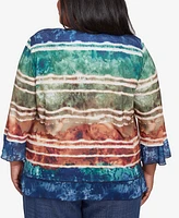 Alfred Dunner Plus Summer Solstice Tie Dye Striped Biadere Crew Neck Top