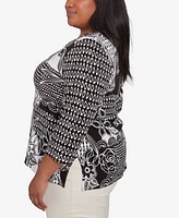 Alfred Dunner Plus Natural Instinct Monotone Patch Beaded Split Neck Top