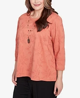 Alfred Dunner Plus Natural Instinct Solid Leaf Embroidered Top with Necklace