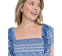 Eliza J Plus Printed Square-Neck Cap-Sleeve Dress
