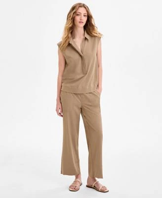 Liverpool Los Angeles Womens Sleeveless Collared Elastic Back Top Pull On Wide Leg Crop Pants