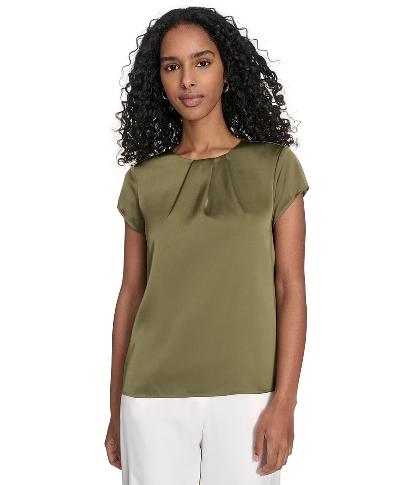 Calvin Klein Women's Cap Sleeve Satin Pleat-Neck Blouse