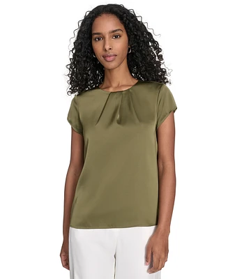 Calvin Klein Women's Cap Sleeve Satin Pleat-Neck Blouse