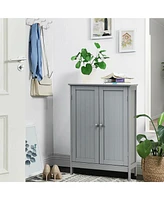 Gymax Bathroom Floor Storage Cabinet Double Door Kitchen Cupboard Shoe Brown