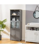 Gymax Bathroom Tall Storage Cabinet Linen Tower w/ Glass Door & Adjustable Shelf Grey