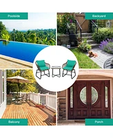 3PCS Patio Rattan Bistro Set Cushioned Chair Glass Table Deck