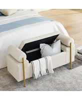Upholstered Storage Bench with Cylindrical Armrests and Metal Legs Modern Rectangular Ottoman Seat for Bedroom Living Room or Entryway-The Pop Home