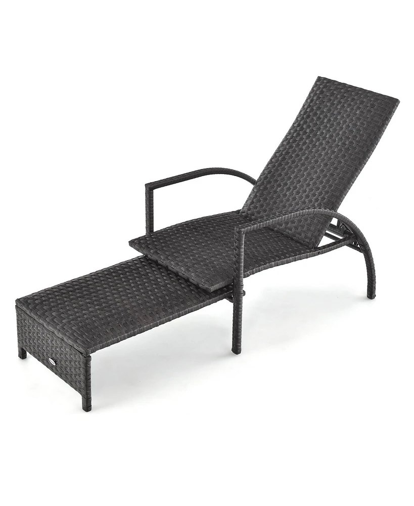Patio Chaise Lounge Outdoor Rattan Lounge Chair with Retractable Ottoman