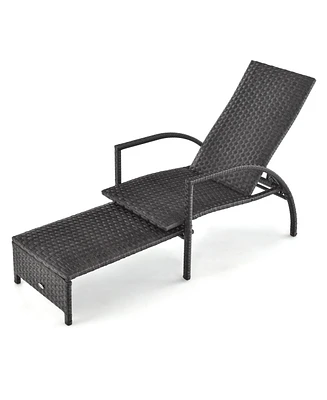 Patio Chaise Lounge Outdoor Rattan Lounge Chair with Retractable Ottoman