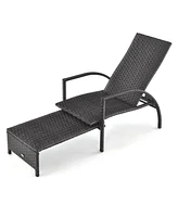 Patio Chaise Lounge Outdoor Rattan Lounge Chair with Retractable Ottoman