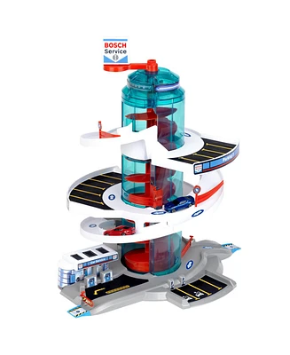 Theo Klein Bosch Car Service Helix Shaped Multi Story Parking Garage Pretend Playset Toy with 2 Toy Cars for Kids Aged 3 and Up