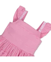 Hope & Henry Little Girls Organic Pleated Flutter Sleeve Apron Dress with Embroidery