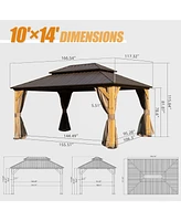 10x14FT Cedar Wood Gazebo, Solid Wood Hardtop Gazebo with Galvanized Steel Double Roof, Netting & Curtains, Outdoor Gazebo for Patio, Backyard, Deck,