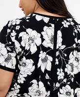 Ak Anne Klein Plus Printed Button-Back Short-Sleeve Top