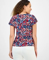 Jones New York Petite Floral-Print Keyhole-Neckline Top