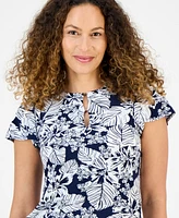 Jones New York Petite Botanical-Print Keyhole Top