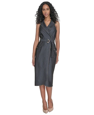 Calvin Klein Women's Belted Denim Faux-Wrap Dress