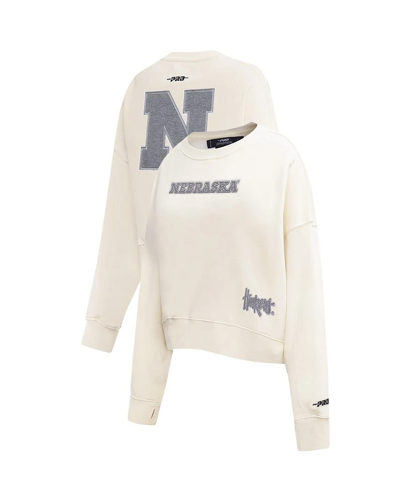 Pro Standard Women's Cream Nebraska Huskers French Terry Boxy Cropped Pullover Crewneck T-Shirt