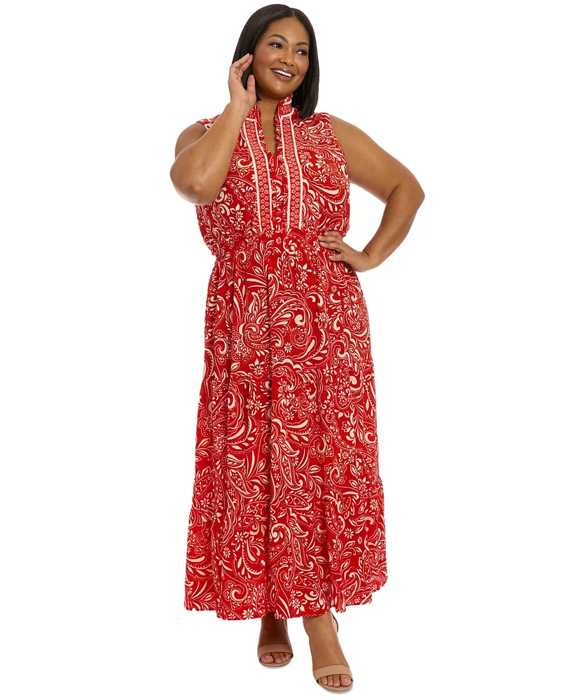 London Times Plus Ruffled-Neck Tiered Maxi Dress