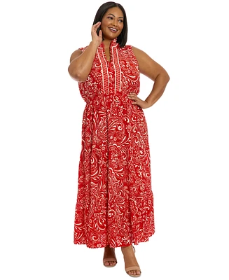 London Times Plus Ruffled-Neck Tiered Maxi Dress