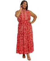 London Times Plus Ruffled-Neck Tiered Maxi Dress