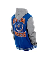 New Era Men's Blue York Knicks Throwback Prep Chenille Full-Snap Hooded Varsity Jacket