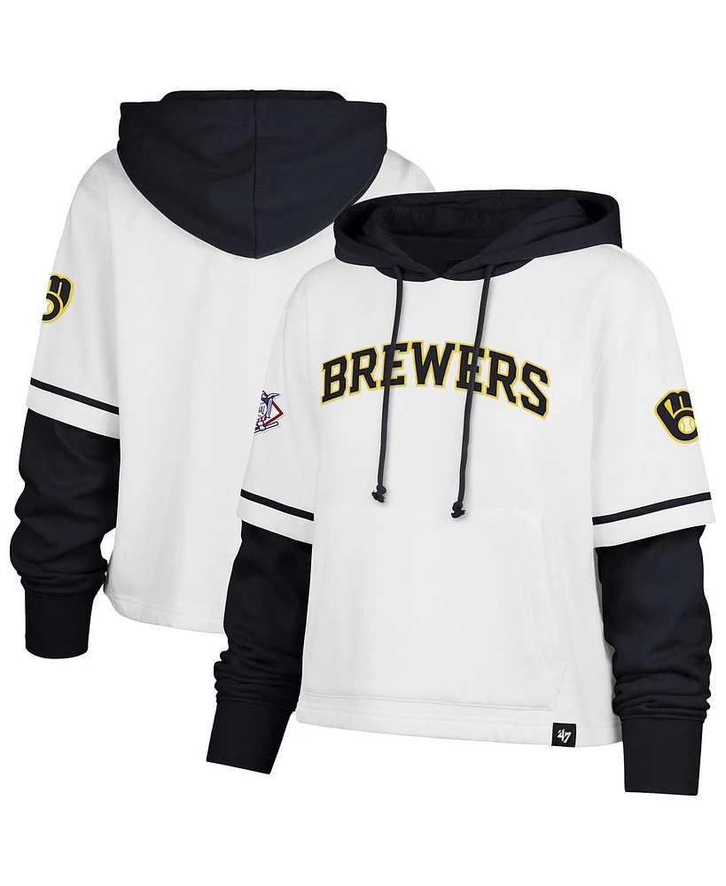 '47 Brand Women's White Milwaukee Brewers Trifecta Shortstop Cropped Pullover Hoodie