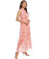London Times Petite Printed Ruffle-Collar Maxi Dress