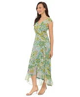 London Times Petite Faux-Wrap Ruffle-Trim Midi Dress