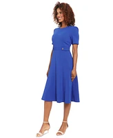 London Times Women's Puff-Sleeve Tab-Detail Fit & Flare Dress
