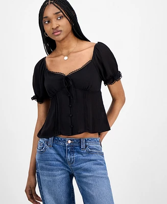 Planet Heart Juniors' Sweetheart-Neck Puff-Sleeve Top