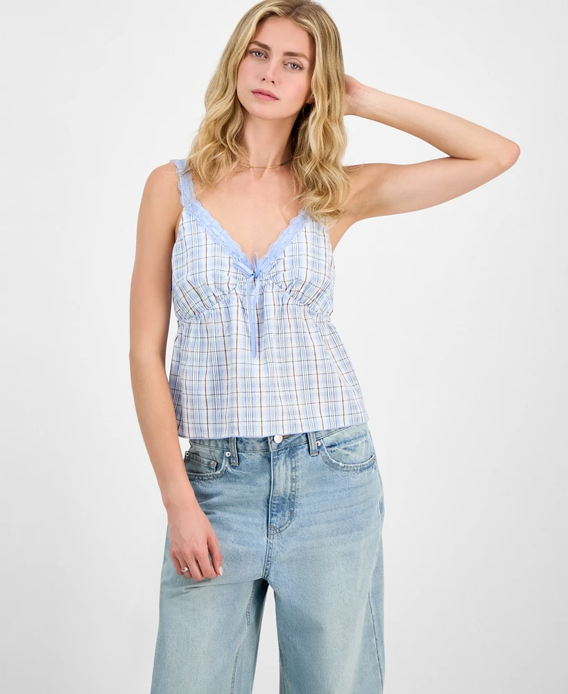 Madden Girl Juniors' Plaid Ribbon Babydoll Tank